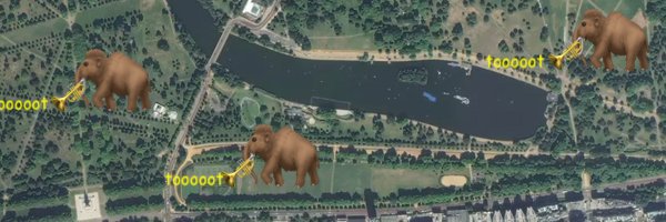 Aerial image of Hyde Park, London, with three emoji mammoths overlaid, each one tooting on an emoji trumpet, with the word 'toot' coming out the end of the trumpet.