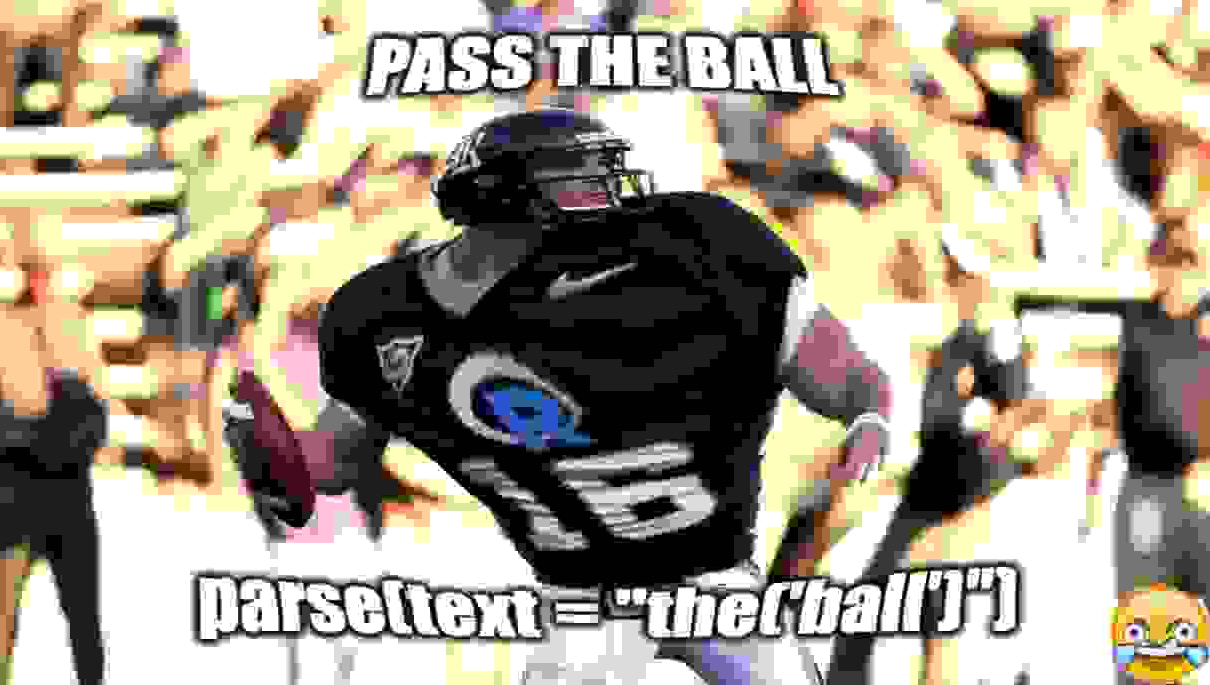 An American football quarterback about to pass the ball. He has the R logo on his shirt. Text above says 'pass the ball', text below is R code reading 'parse(text = 'the('ball')')'. The format is a 'deep-fried', highly pixellated meme where the centre of the iumage bloats out. A wide-eyed, smiling and crying emoji is in the corner.