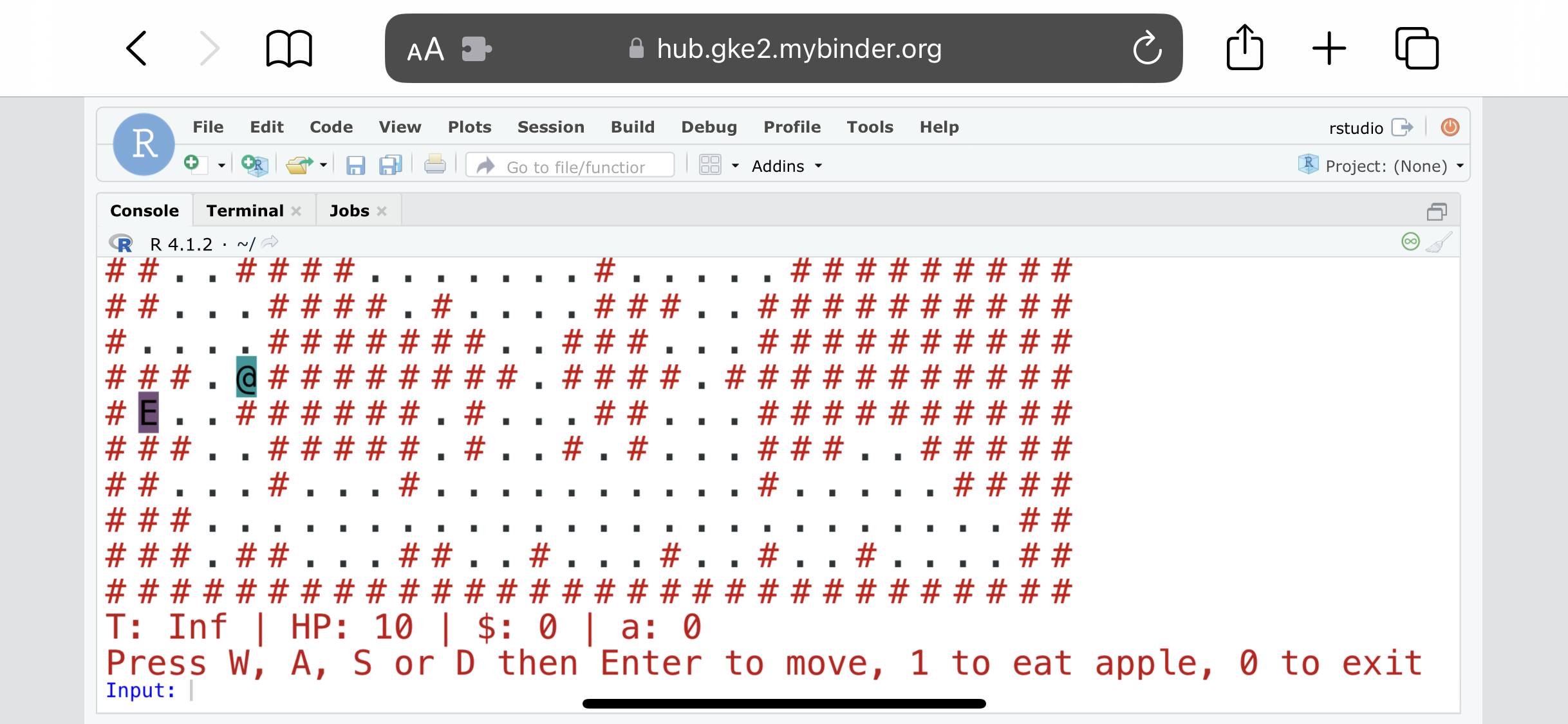 RStudio running a browser on a mobile phone playing the tile-based game from the r.oguelike package.