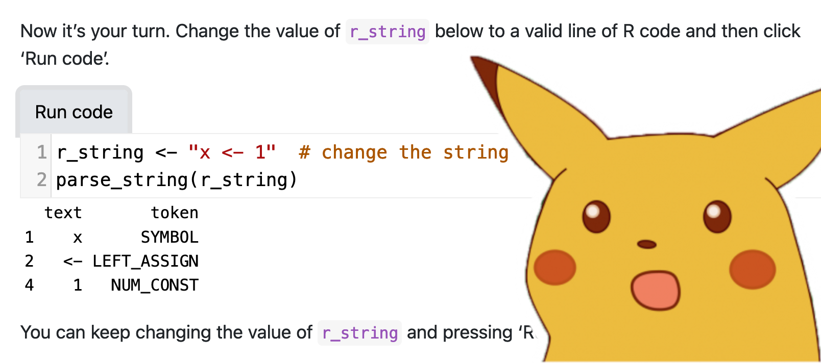 A screenshot of a webpage that has an embedded R code block. Some text asks the user to adjust the code and then click a button that says 'run code'. A shocked Pikachu appears in the corner.