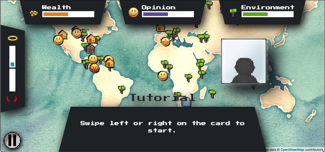 A screenshot of a game that shows a world map with face, building and tree emojis on it. There are meters labelled 'wealth', 'opinion' and 'environment' and another with a halo on one end and devil horns the other. Text at the bottom says 'swipe left or right on the card to start'.