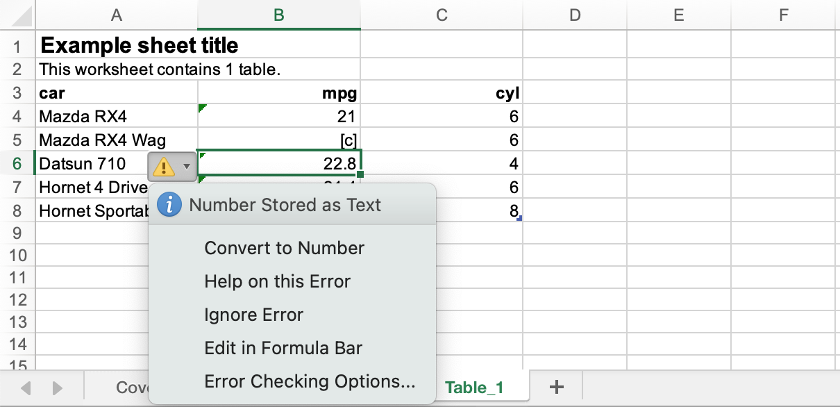 Screenshot of an Excel worksheet. A cell containing a number has a warning that reads 'number stored as text'.