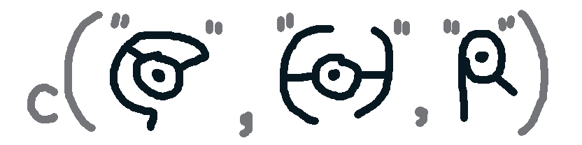 A crudely drawn picture of three Pokémon as elements of a vector being constructed using R's 'c' function. All three are the Pokémon called Unown, which can be found in multiple forms that represent letters of the alphabet.