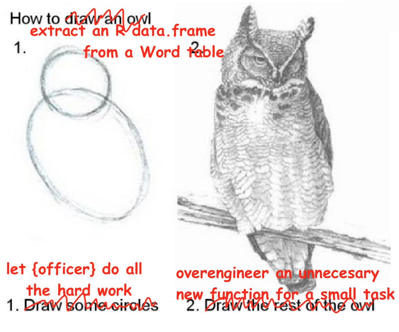 The 'draw the rest of the owl' meme. The title is 'how to draw an owl' but it's been scribble dout and replaced with comic sans text that says 'How to extract an R data.frame from a Word table'. There are two steps: 'draw some circles' and then 'draw the rest of the owl'. The text for these has been replaced with Comic Sans that reads 'let officer do all the hard work' and then 'overengineer an unecessary new function.'