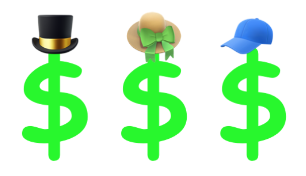 Three green dollar symbols in Comic Sans, each with an emoji hat on.