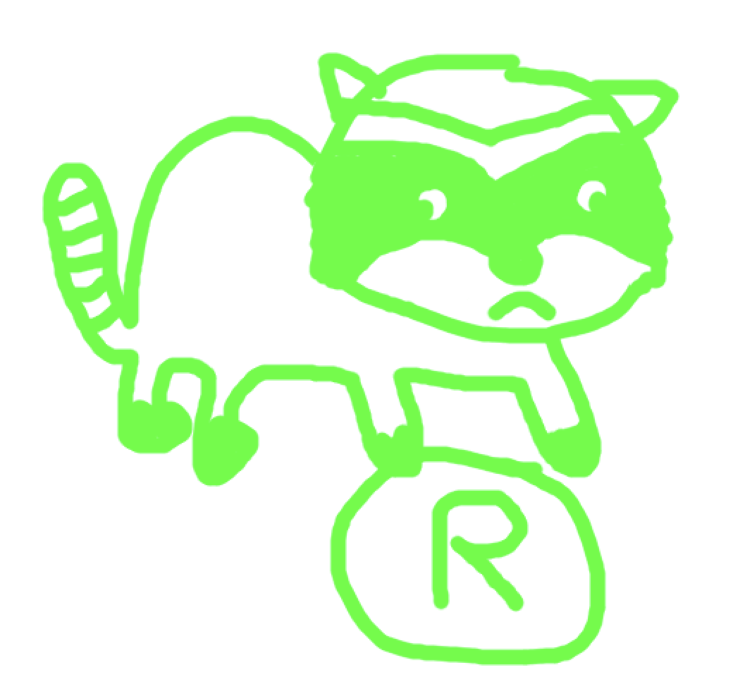 A crudely drawn racoon holding some kind of nugget with the litter 'R' on it.