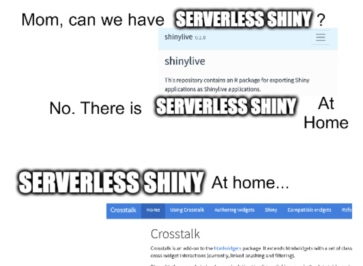 Meme. First line says 'mom, can we have serverless Shiny?' with a screenshot of the Shinylive R package website. Second line says 'No, there is serverless Shiny at home'. Third line says 'serverless Shiny at home' and has a screenshot of the crosstalk R package website.