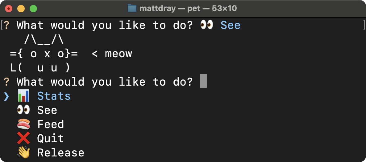 Screenshot of a terminal window. There is text with the question 'what would you like to do' and the user has selected the option 'see'. An ASCII-art cat saying 'meow' is printed underneath. Then the same question is asked, with options for 'stats', 'see', 'feed', 'quit' and 'release'. Emoji are sprinkled throughout, like a sushi for the 'see' option.