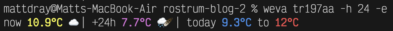 A screenshot of a terminal that's running the comand 'weva tr197aa -h 24 -e', which returns a one-line weather report with temperature and weather emojis for now and a day later, plus the temperature extreems for today. The temperature values are bold and coloured.