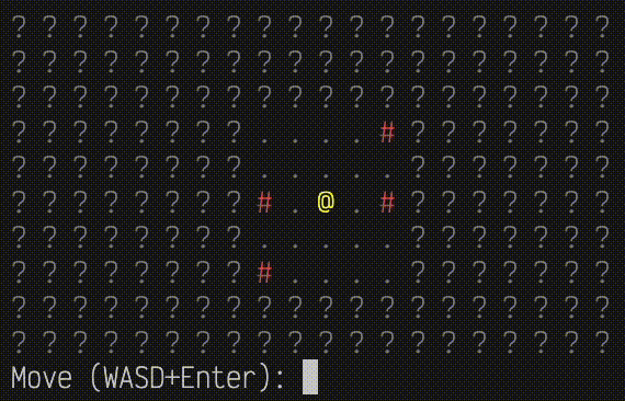 A 10 by 20 grid of characters printed to a macOS terminal. Tiles are mostly question-mark characters (unknown tiels). Near the midlle is an 'at' symbol (the player), surrounded within two tiles of the grid with periods (floor tiles) and hash marks (wall tiles). A prompt underneath reads 'Move (WASD)+Enter:', ready for user input. The player moves around and reveals the map as they go.